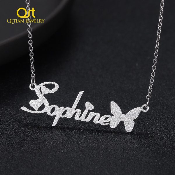 Personalized Frosted Name Necklace Customized Butterfly Name Necklace Stainless Steel Nameplate Chocker for Women Gifts Jewelry