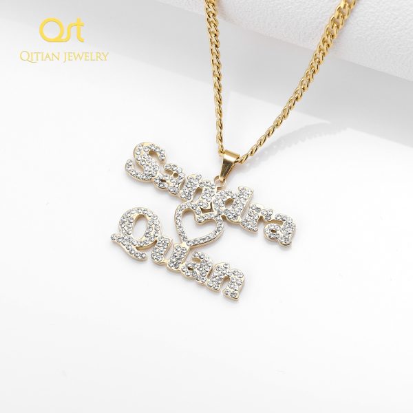 Customized Zirconia Double Name Necklace Personalized Iced Out Heart Nameplate Necklace Thick chain HipHop Choker Couple Jewelry