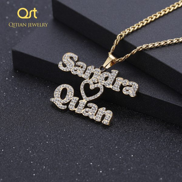 Customized Zirconia Double Name Necklace Personalized Iced Out Heart Nameplate Necklace Thick chain HipHop Choker Couple Jewelry