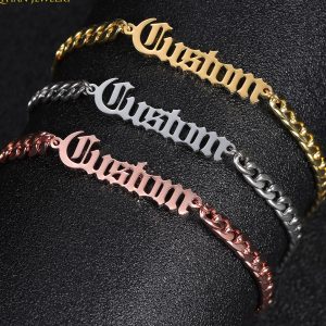 Personalized Name Bracelet Stainless Steel Curb Chain Custom Old English Bracelet&Bangle Handmade Men Jewelry For Women Gifts