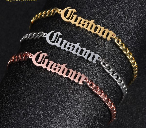 Personalized Name Bracelet Stainless Steel Curb Chain Custom Old English Bracelet&Bangle Handmade Men Jewelry For Women Gifts