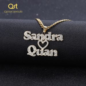 Customized Zirconia Double Name Necklace Personalized Iced Out Heart Nameplate Necklace Thick chain HipHop Choker Couple Jewelry