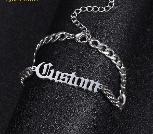 Personalized Name Bracelet Stainless Steel Curb Chain Custom Old English Bracelet&Bangle Handmade Men Jewelry For Women Gifts