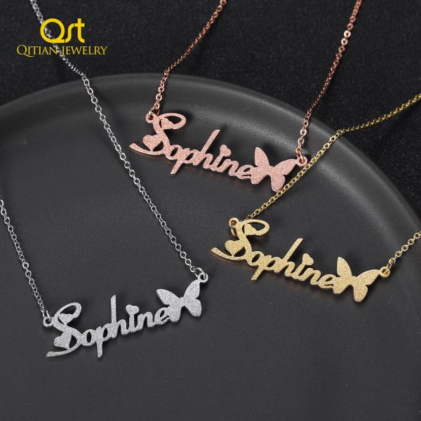 Personalized Frosted Name Necklace Customized Butterfly Name Necklace Stainless Steel Nameplate Chocker for Women Gifts Jewelry