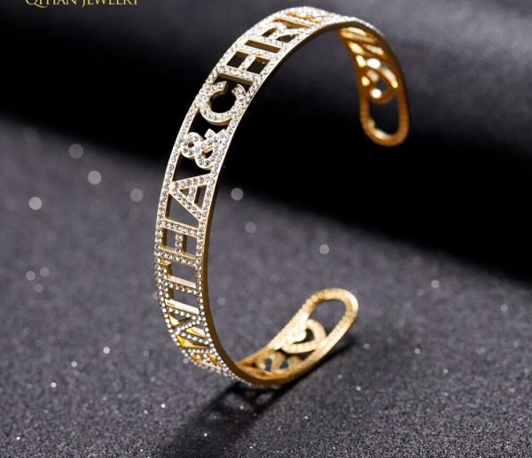 Gold Name Bangles Iced Out Personalized ID Family Lover Nameplate Faith Letter Bangles & Bracelet Stainless Steel Adjusted