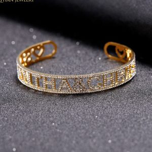 Gold Name Bangles Iced Out Personalized ID Family Lover Nameplate Faith Letter Bangles & Bracelet Stainless Steel Adjusted