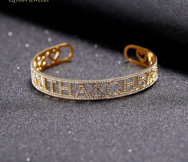 Gold Name Bangles Iced Out Personalized ID Family Lover Nameplate Faith Letter Bangles & Bracelet Stainless Steel Adjusted