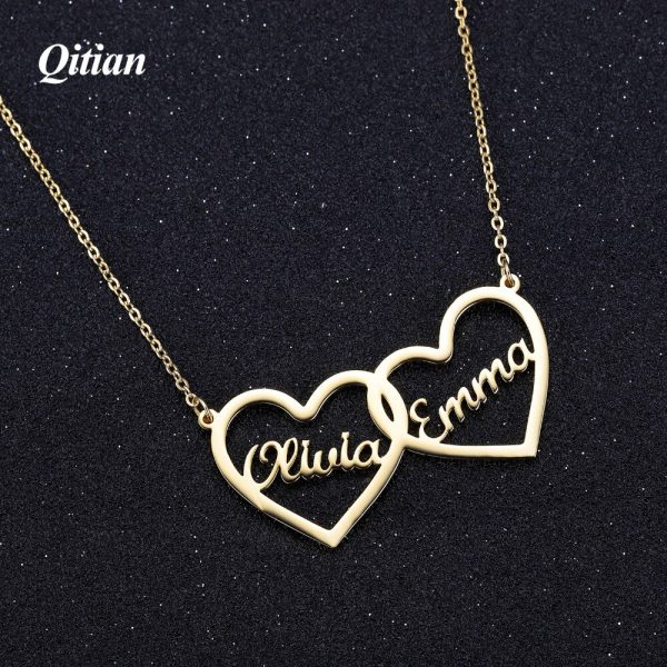 Personalized Double Hearts Name Necklaces Gold Stainless Steel Jewelry Customized Couples Name Choker Mother's Day Gift Women