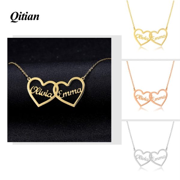 Personalized Double Hearts Name Necklaces Gold Stainless Steel Jewelry Customized Couples Name Choker Mother's Day Gift Women