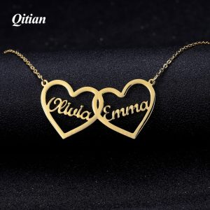 Personalized Double Hearts Name Necklaces Gold Stainless Steel Jewelry Customized Couples Name Choker Mother's Day Gift Women