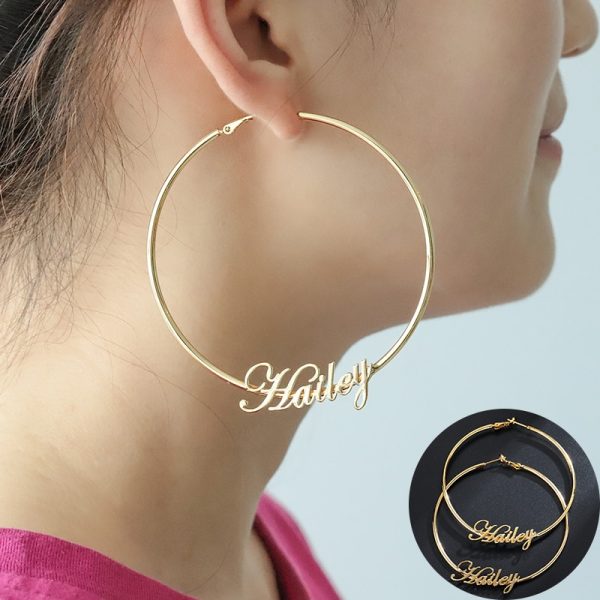 Fashion 50-70 MM Big Hoop Earrings For Women Date Name Custom Earings Gold Stainless Steel Earrings Weding Bridesmaid Party Gift