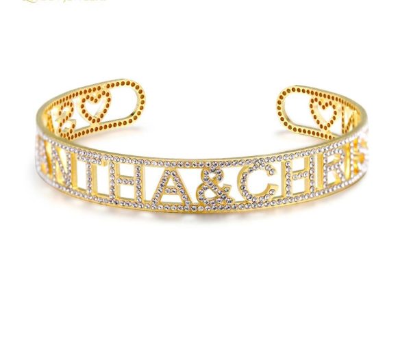 Gold Name Bangles Iced Out Personalized ID Family Lover Nameplate Faith Letter Bangles & Bracelet Stainless Steel Adjusted